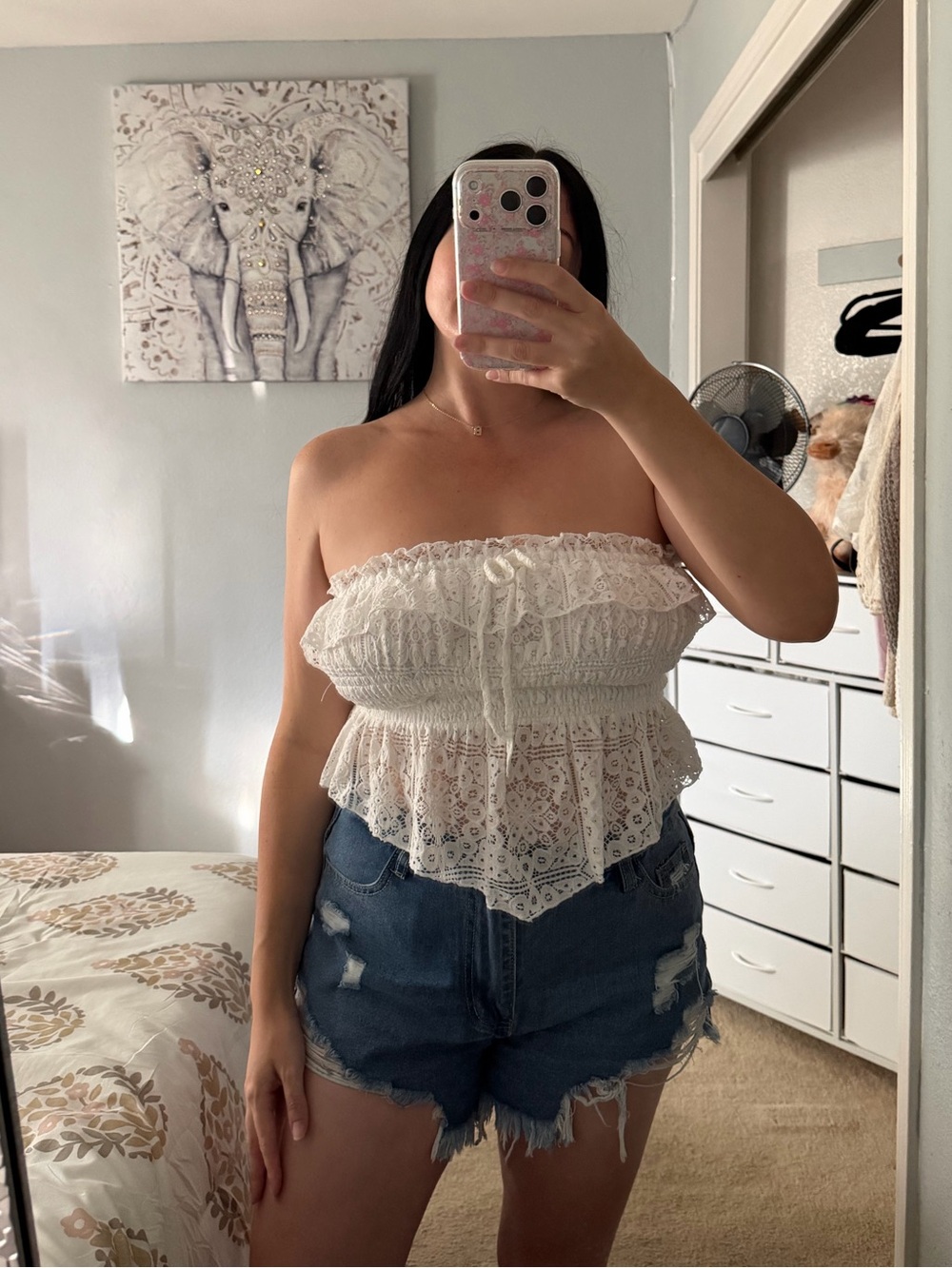 White Lace Crochet Embroidery Ruffle Trim Peplum Smocked Strapless Tube Top XS S
